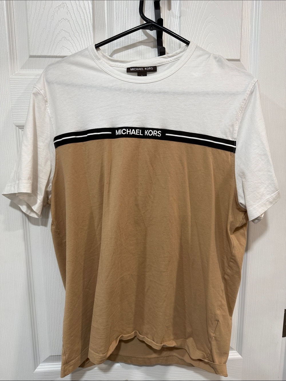 Michael Kors White and Brown Colorblock Short Sleeve Tee